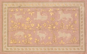 Stencilerede scener af løve og gazelle, ca. 1710. af Unbekannt