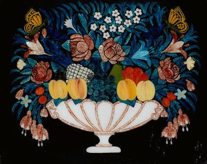 Stilleben - blomster og frugt i hvid og lyserød skål, 1840-60.