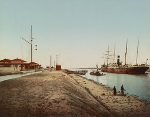 Suez-kanalen ved El Qantara, ca. 1900 (farvefotokrom) af Unbekannt