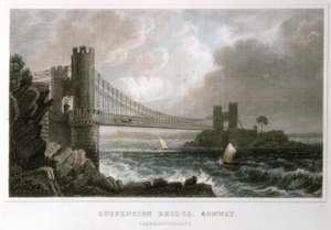 Hængebro over Conwy-mundingen, Wales, c1840 af Unbekannt