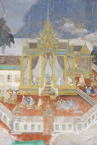 Sylver Pagoda Dette vægmaleri viser scener fra Reamker, som er den cambodjanske eller khmeriske version af det klassiske hinduistiske digt Ramayana, Phnom Penh, Cambodia af Unbekannt