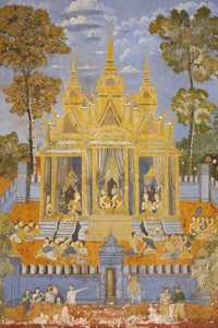 Sylver Pagoda Dette vægmaleri viser scener fra Reamker, som er den cambodjanske eller khmeriske version af det klassiske hinduistiske digt Ramayana, Phnom Penh, Cambodia af Unbekannt
