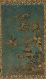 Tapet: frugttræer og stokroser, Ming-dynastiet, 1368-1644. af Unbekannt