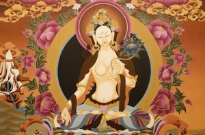 Thangka skildrer White Tara gudinde, buddhistisk symbol på langt liv, Bhaktapur, Nepal