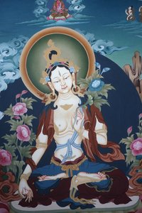 Thangka skildrer White Tara gudinde, buddhistisk symbol på langt liv, Bhaktapur, Nepal