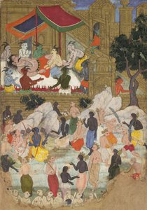 The Awakening of Kumbhakarna in the Golden City of Lanka, Folio from a Ramayana, ca. 1605. af Unbekannt