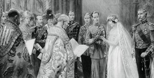 Hertugen af York placerer ringen på Lady Elizabeth Bowes-Lyons finger, 26. april 1923, 1937 af Unbekannt