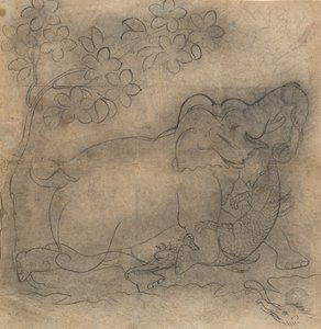 Elefantkongen Wrestled a Crocodile: Illustration fra en Gajendra Moksha-serie, slutningen af det 19. århundrede. af Unbekannt