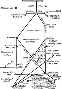 De fire vigtigste romerske kommunikationslinjer i Storbritannien, 1910 af Unbekannt