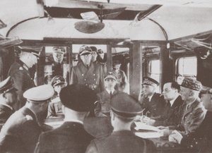 Den tyske og franske delegation inde i en jernbanevogn i Compiègne til underskrivelsen af Frances sur af Unbekannt