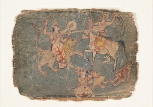 Gudinden Durga dræber en fjende, side fra en spredt Markandeya Purana..., 1650-60. af Unbekannt