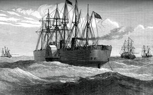 The Great Eastern udspiller det atlantiske telegrafkabel, c1865, c1880 af Unbekannt