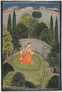 Heltinden, der venter spændt på sin fraværende elsker Utka Nayika, ca. 1760-1765. af Unbekannt