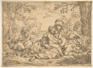 Den hellige familie med Johannes Døberen, kopi efter Cantarini, ca. 1639-1648 eller senere. af Unbekannt
