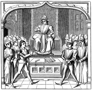 The Judicial Duel, sagsøgeren åbnede sin sag for dommeren, 1400-tallet 1849 af Unbekannt