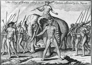 Kongen af Cochin rider på en elefant, overværet af hans Nayros, c1745 af Unbekannt