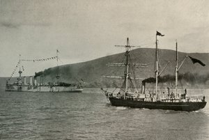 Nimrod passerer H.M.S. Kraftig,...i Lyttelton Harbour, 1. januar 1908, 1909. af Unbekannt
