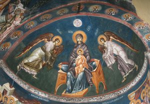Jomfruen på tronen med Kristus Emmanuel med ærkeenglene Michael og Gabriel, 1300-tallet af Unbekannt