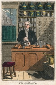 Apotekeren bruger støder og morter til at tilberede stoffer, 1823 af Unbekannt