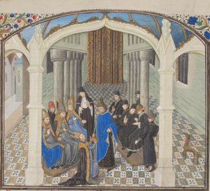 Kroningen af Baldwin II i 1118. Miniature fra Historia af Vilhelm af Tyrus, 1460