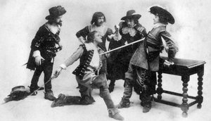Duellen, scene fra akt I af The Breed of the Treshams af John Rutherford, 20. århundrede af Unbekannt