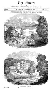 Den første bomuldsmølle i Cromford, Derbyshire og Richard Arkwrights hus, 1836 af Unbekannt