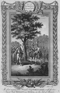 Det første møde mellem den britiske kong Vortigern med de to saksiske høvdinge Hengist og Horsa, c1787 af Unbekannt