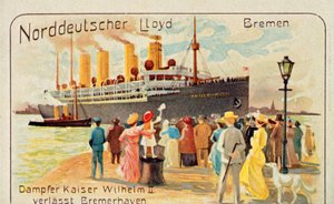Den gigantiske SS Kaiser Wilhelm II trækker væk fra kajen ved Bremerhaven, Tyskland, 1905. af Unbekannt