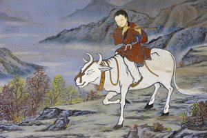 De ti oksehyrdebilleder af zenbuddhisme repræsenterer oplysningsstadierne. Kommer hjem på oksens ryg, Seoul, Coree du Sud af Unbekannt