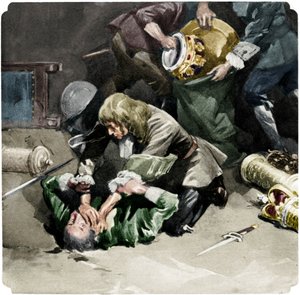 Thomas Blood forsøgte at stjæle kronjuvelerne fra Tower of London i 1671, 1937 af Unbekannt