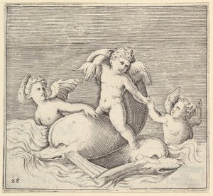 Tre amoriner og to delfiner, udgivet ca. 1599-1622. af Unbekannt