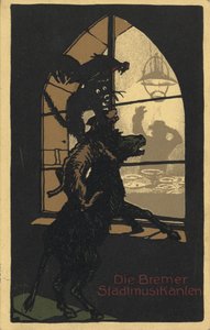 Titeldesign på bogen Town Musicians of Bremen af brødrene Grimm, 1910