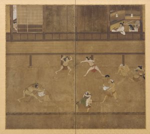 Skærm med to paneler, der viser wrestlere, Edo-perioden, 1600-tallet. af Unbekannt
