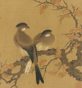 To kamfugle på en gren, efterårsblade, Qing-dynastiet, 1700-tallet. af Unbekannt