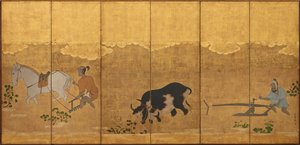 To bønder, der pløjer og harver en rismark, Edo-perioden, 1615-1868. af Unbekannt