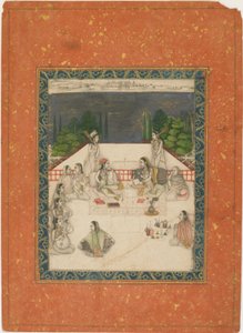 To kvinder siddende på en terrasse, omgivet af ledsagere og musikere, ca. 1650. af Unbekannt