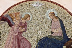 Tympanummosaik, der skildrer bebudelsen i Madonna della Scala benediktinerkloster, Noci, Apulien, Noci, Italien af Unbekannt