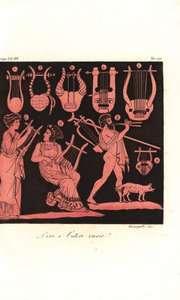Typer af græske lyre 1-5, 9, kvinde, der spiller kithara eller citer 6,7, og mand, der spiller aulos eller tibia fra gamle græske vaser af Unbekannt