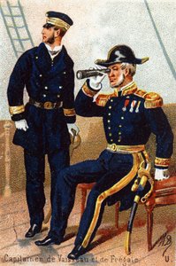 U: Kaptajnskibe og fregat. Indgravering i "Militæralfabet". Illustratorens initialer: A. D. Ukendt forlag. Kromolitografier sidst i det 19. århundrede. Mål: 10,5 x 7 cm. af Unbekannt