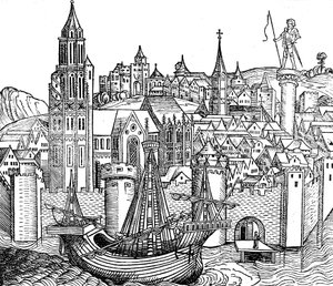 Udsigt over befæstet by, 1493 af Unbekannt