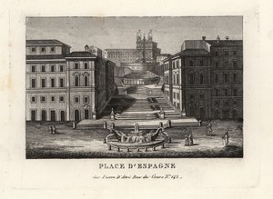 Udsigt over Piazza di Spagna, Fontana della Barcaccia, bådens springvand og Scalinata di Trinita dei Monti, Den Spanske Trappe, Rom af Unbekannt