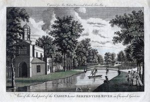 Udsigt over den bagerste del af Cassina og Serpentine River i Chiswick Gardens, London af Unbekannt
