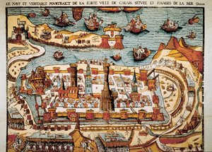 Udsigt over byen Calais i 1538. Xylografi. af Unbekannt