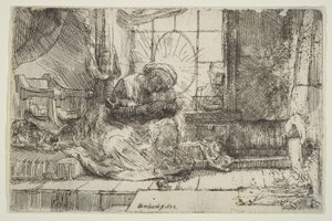 Jomfru og barn med katten: og Josef ved vinduet, 1654. af Unbekannt