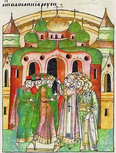 Vladimir Vsevolodovich kronet af biskop Neophytos med Monomakhs Cap. Fra Illuminated Compil af Unbekannt