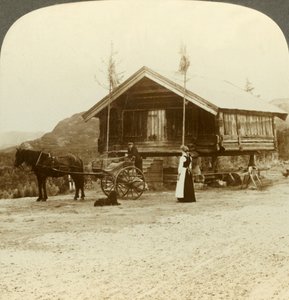 Venter på passagerer på vejen nær Bolkesjo, Norge, c1905. af Unbekannt