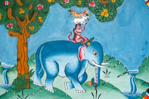 Væg, der forestiller legenden om de fire venner; elefant; abe; kanin og hane; Kharbadi Gompa; Phuentsholing; Kongeriget Bhutan af Unbekannt