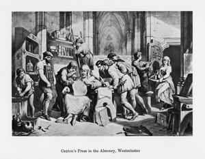 William Caxtons presse i Almonry, Westminster, 15. århundrede, 19. århundrede af Unbekannt