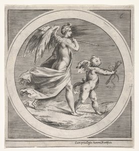Bevinget kvindeskikkelse, draperet og bærende en stav, skridende bag en bevinget putto..., ca. 1550-1600. af Unbekannt