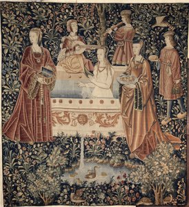 Kvinde bader omgivet af Attendants Tapestry serie La Vie Seigneuriale, ca. 1500 af Unbekannt